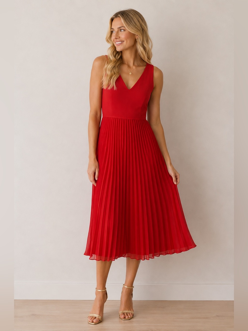 Sam Edelman Red Pleated Midi Dress NWT V-Neck Sleeveless Cocktail Party